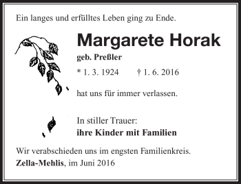 Traueranzeige von Margarete Horak von Südthüringer Presse