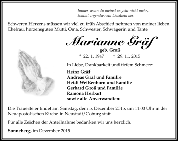Traueranzeige von Marianne Gräf von Südthüringer Presse