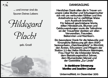 Traueranzeige von Hildegard Placht von Südthüringer Presse