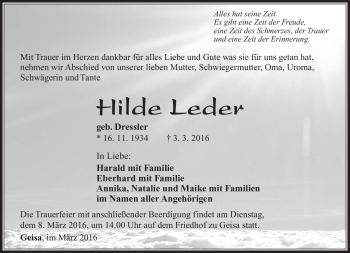 Traueranzeige von Hilde Leder von Südthüringer Presse
