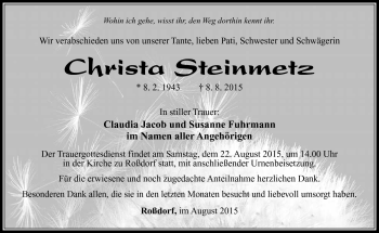 Traueranzeige von Christa Steinmetz von Südthüringer Presse