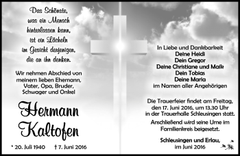 Traueranzeige von Hermann Kaltofen von Südthüringer Presse