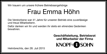 Traueranzeige von Emma Höhn von Frankenpost