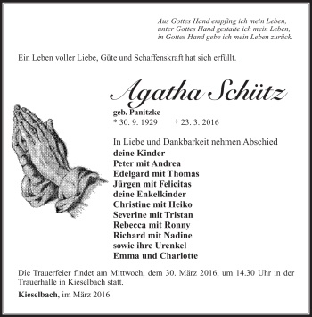 Traueranzeige von Agatha Schütz von Südthüringer Presse