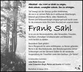 Traueranzeige von Frank Sahl von Südthüringer Presse