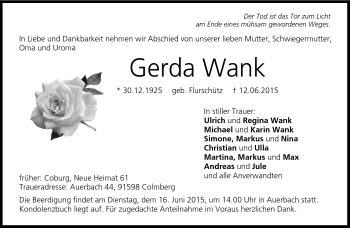 Traueranzeige von Gerda Wank von Neue Presse Coburg