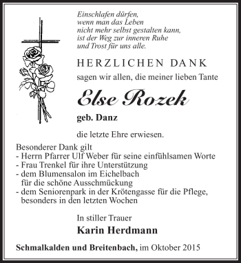 Traueranzeige von Else Rozek von Südthüringer Presse