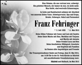 Traueranzeige von Franz Fehringer von Südthüringer Presse