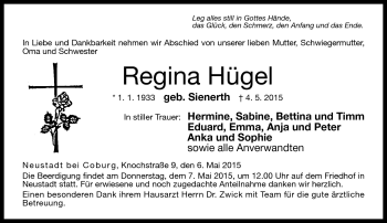 Traueranzeige von Regina Hügel von Neue Presse Coburg