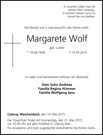 Traueranzeige von Margarete Wolf von Neue Presse Coburg