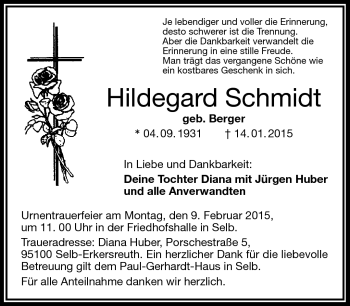 Traueranzeige von Hildegard Schmidt von Frankenpost