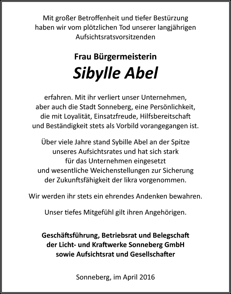  Traueranzeige für Sibylle Abel vom 30.04.2016 aus Südthüringer Presse