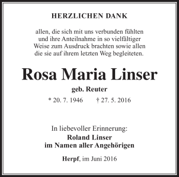 Traueranzeige von Rosa Maria Linser von Südthüringer Presse