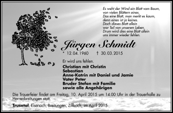 Traueranzeige von Jürgen Schmidt von Südthüringer Presse