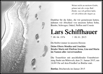 Traueranzeige von Lars Schiffhauer von Südthüringer Presse