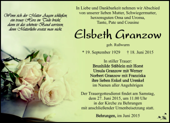 Traueranzeige von Elsbeeth Granzow von Südthüringer Presse