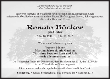 Traueranzeige von Renate Böcker von Südthüringer Presse