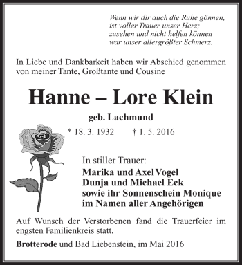 Traueranzeige von Hanne-Lore Klein von Südthüringer Presse