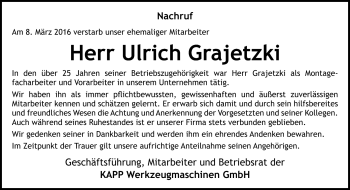 Traueranzeige von Ulrich Grajetzki von Neue Presse Coburg