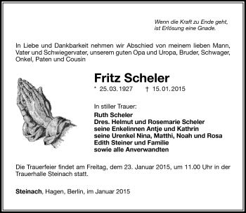 Traueranzeige von Fritz Scheler von Südthüringer Presse