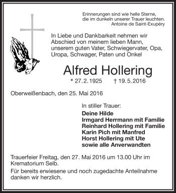 Traueranzeige von Alfred Hollering von Frankenpost