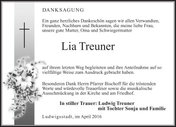 Traueranzeige von Lia Treuner von Neue Presse Coburg