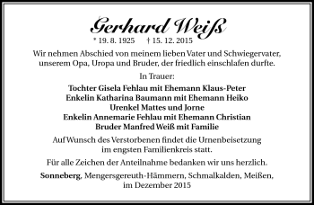 Traueranzeige von Gerhard Weiß von Südthüringer Presse