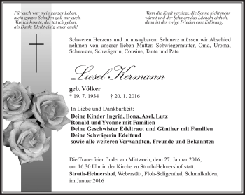 Traueranzeige von Liesel Kermann von Südthüringer Presse