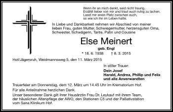Traueranzeige von Else Meinert von Frankenpost