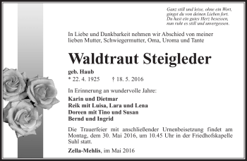 Traueranzeige von Waltraut Steigleder von Südthüringer Presse