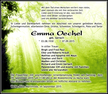 Traueranzeige von Emma Oechel von Südthüringer Presse