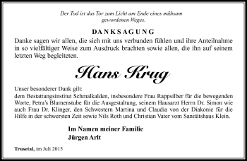 Traueranzeige von hans Krug von Südthüringer Presse