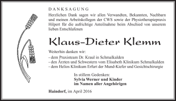 Traueranzeige von Klaus-Dieter Klemm von Südthüringer Presse