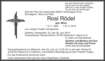 Traueranzeige von Rosl Rödel von Frankenpost