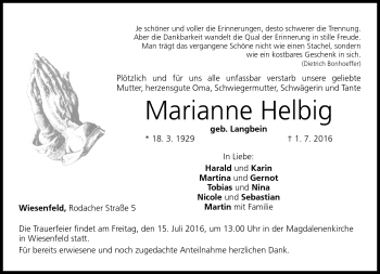 Traueranzeige von Marianne Helbig von Neue Presse Coburg