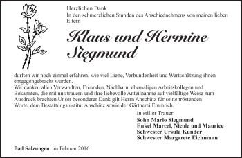 Traueranzeige von Klaus und Hermine Siegmund von Südthüringer Presse