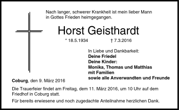 Traueranzeige von Horst Geisthardt von Neue Presse Coburg