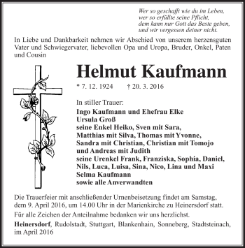 Traueranzeige von Helmut Kaufmann von Südthüringer Presse