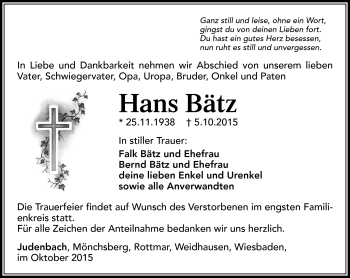 Traueranzeige von Hans Bätz von Südthüringer Presse