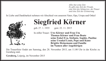 Traueranzeige von Siegfried Körner von Südthüringer Presse