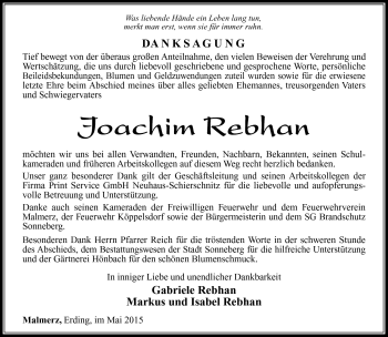 Traueranzeige von Joachim Rebhan von Südthüringer Presse