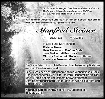 Traueranzeige von Manfred Steiner von Südthüringer Presse