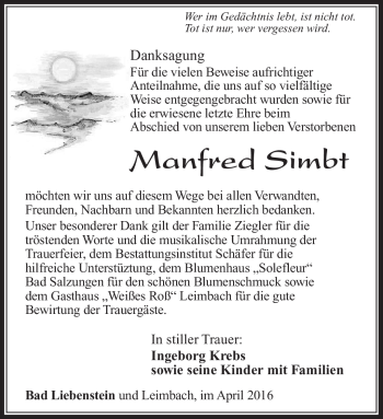 Traueranzeige von Manfred Simbt von Südthüringer Presse