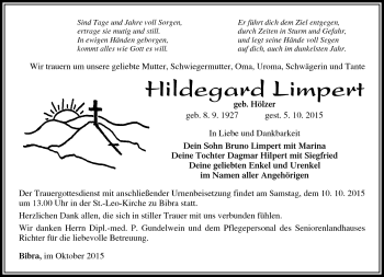 Traueranzeige von Hildegard Limpert von Südthüringer Presse