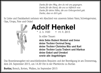 Traueranzeige von Adolf Henkel von Südthüringer Presse