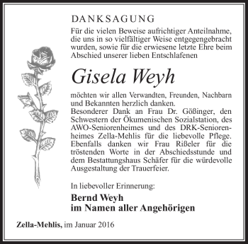 Traueranzeige von Gisela Weyh von Südthüringer Presse