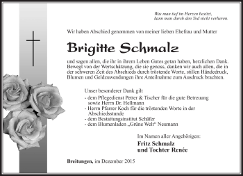 Traueranzeige von Brigitte Schmalz von Südthüringer Presse
