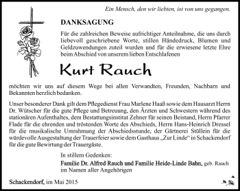 Traueranzeige von Kurt Rauch von Südthüringer Presse