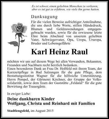 Traueranzeige von Karl Heinz Raul von Südthüringer Presse