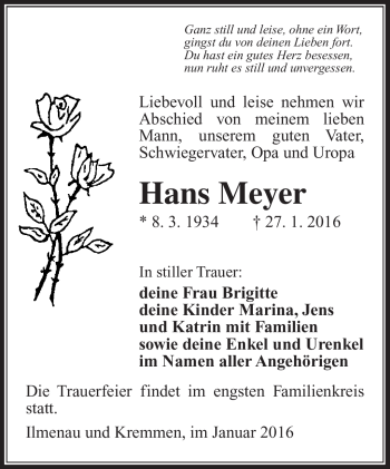 Traueranzeige von Hans Meyer von Südthüringer Presse